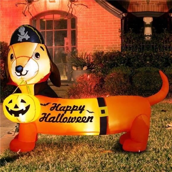 5 FT Halloween Inflatable Outdoor Dog with a Pumpkin & Pirate Hat, Blow Up Yard - Picture 5 of 6